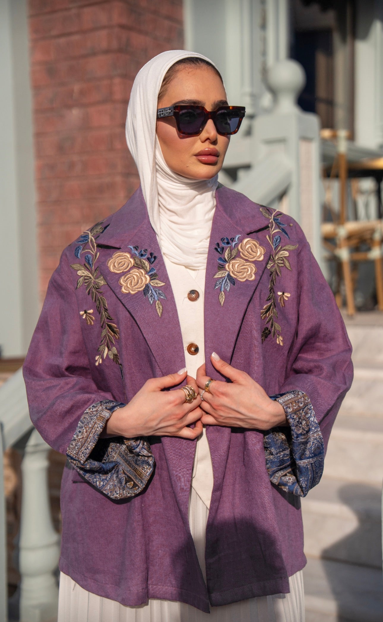 Burgundy blazer set with a white dress. C:1090