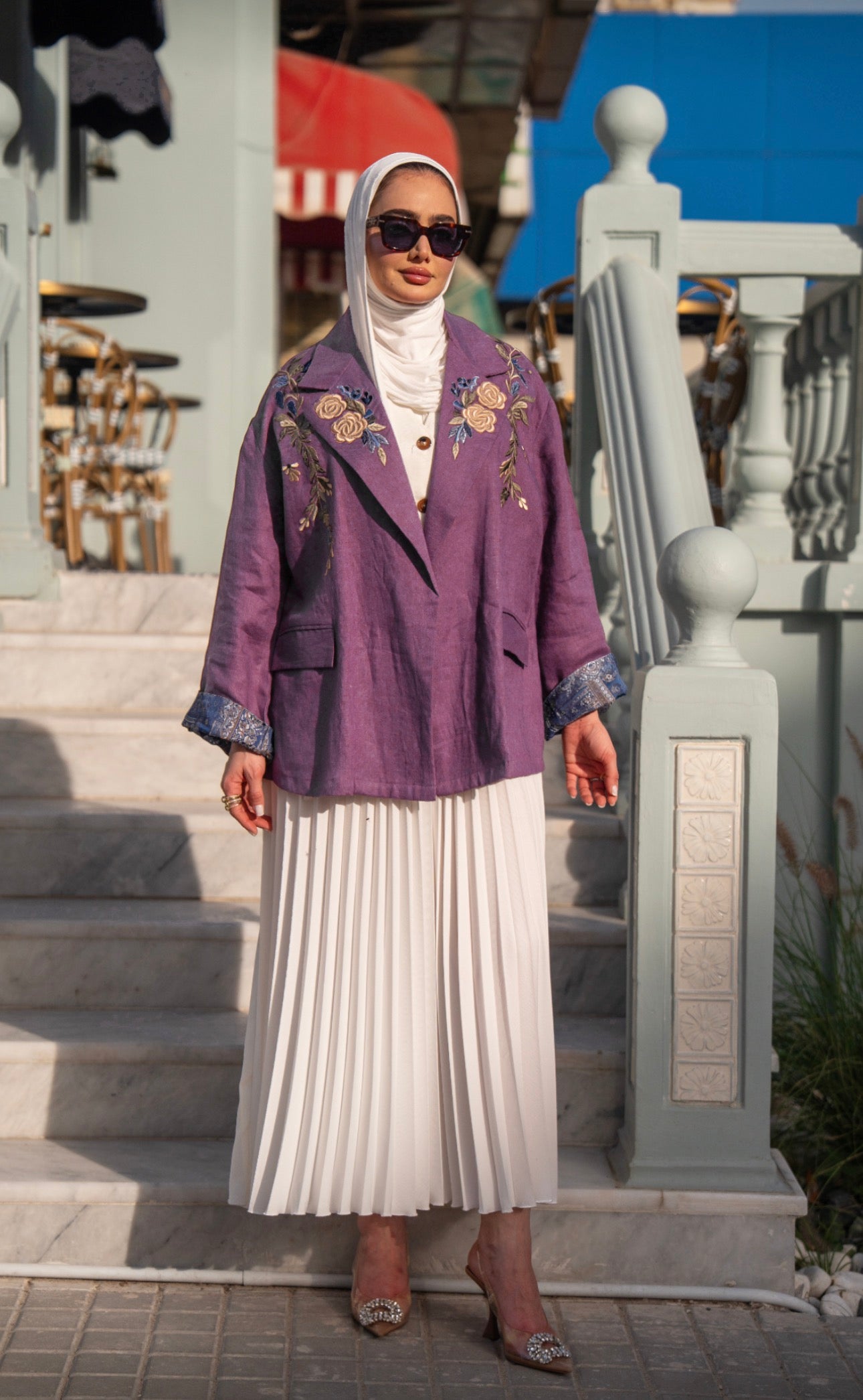 Burgundy blazer set with a white dress. C:1090