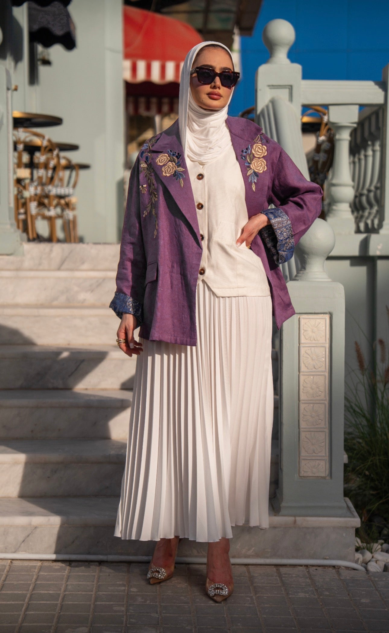 Burgundy blazer set with a white dress. C:1090