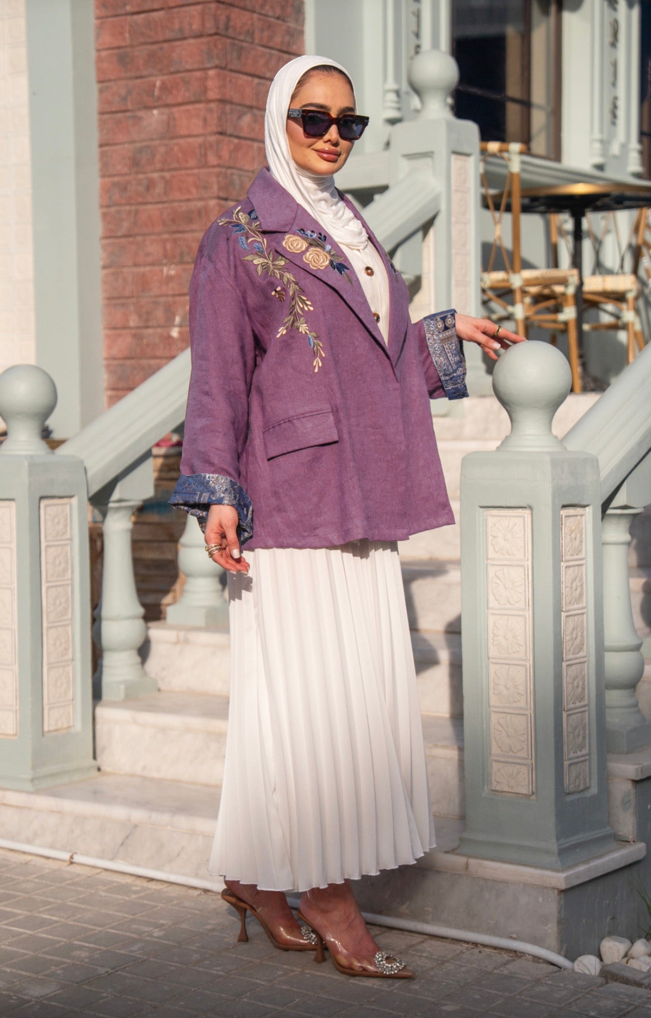 Burgundy blazer set with a white dress. C:1090