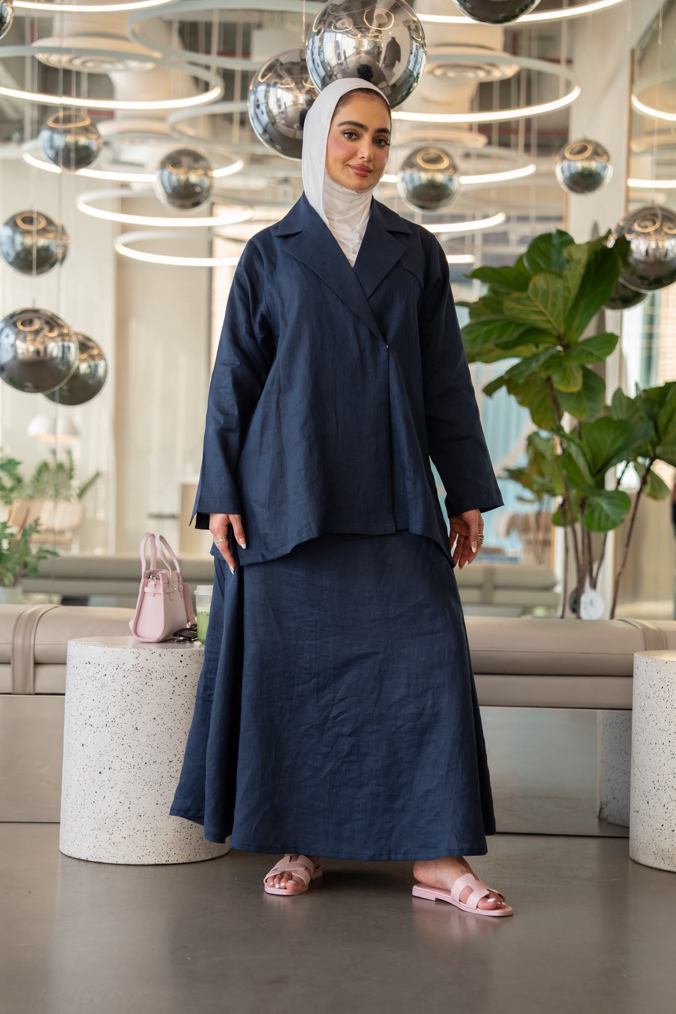 Navy blue linen shirt and skirt.C:1113