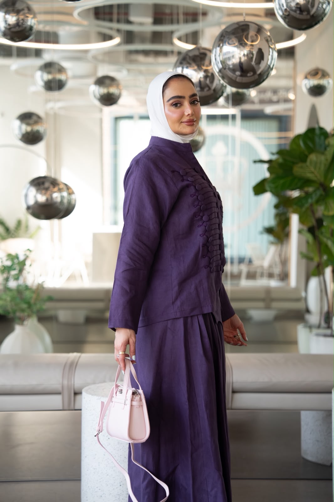 Shirt and skirt set, linen in purple. C:1108