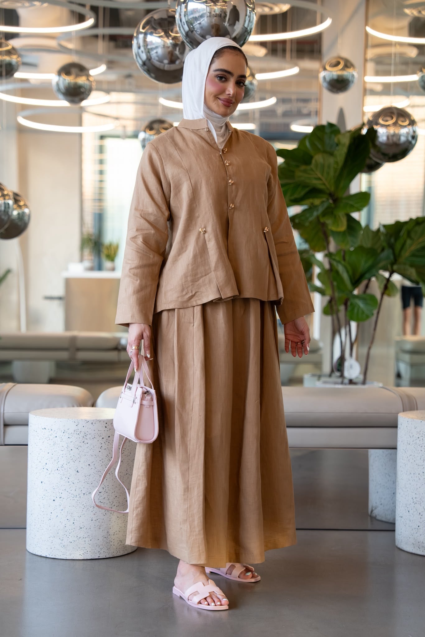 Shirt and skirt set, beige linen.C:1114