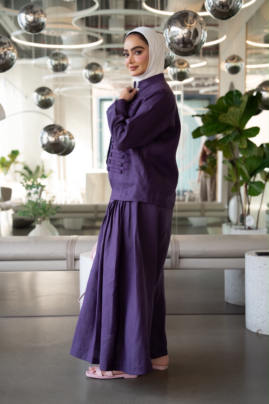 Shirt and skirt set, linen in purple. C:1108