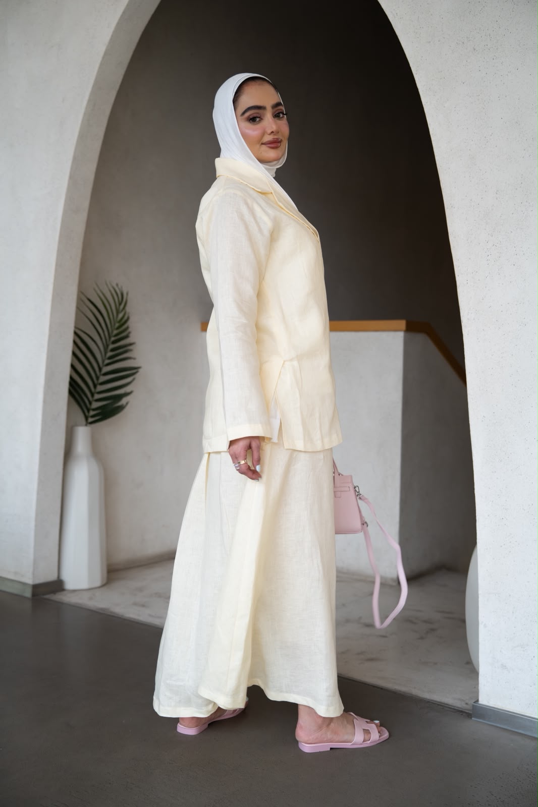 Blazer and skirt set, light yellow linen. C:1107