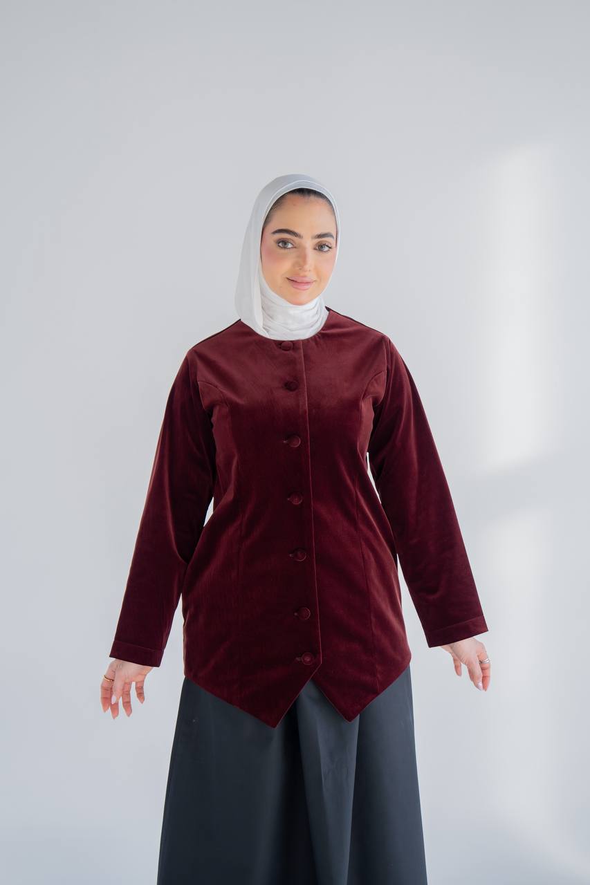 Burgundy velvet jacket set with trench coat skirt C:J1020 burgundy