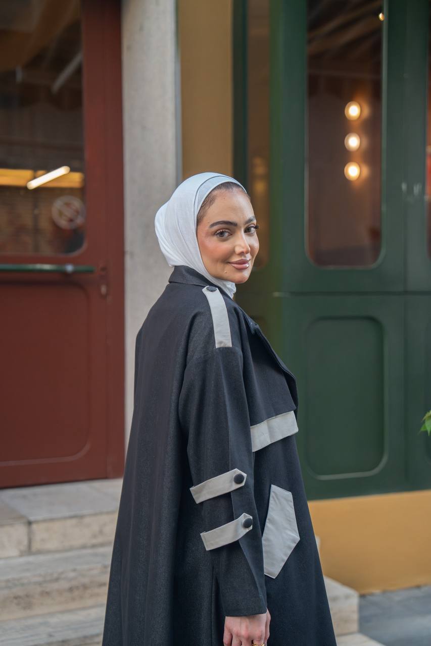 Black trench coat with beige details. C:1062 Black