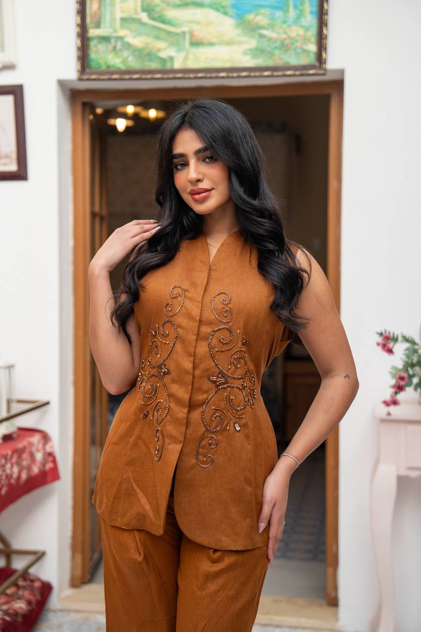 Vest and pants set in camel color with hand embroidery.C:J104