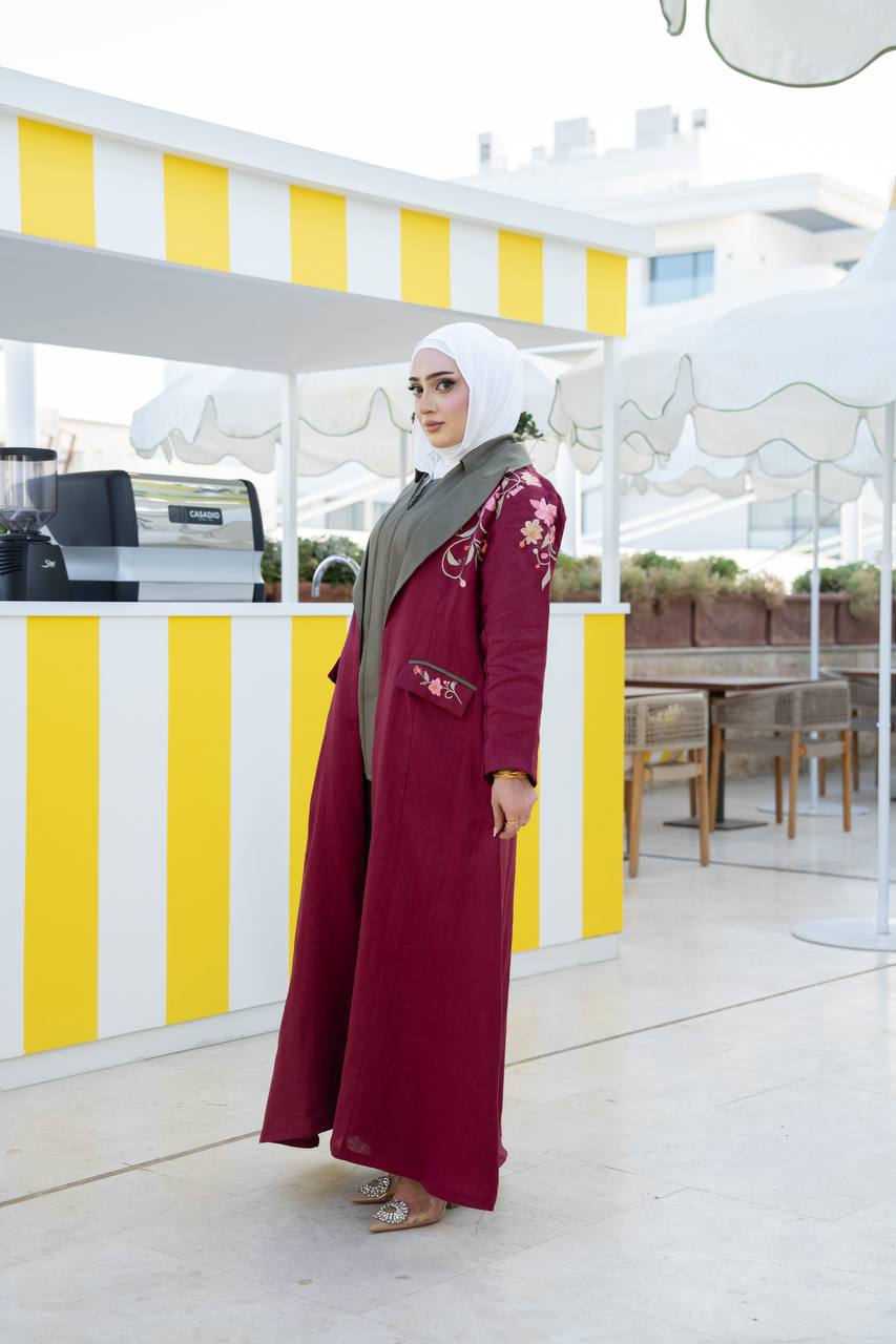 Burgundy linen blazer with embroidery.C:1093