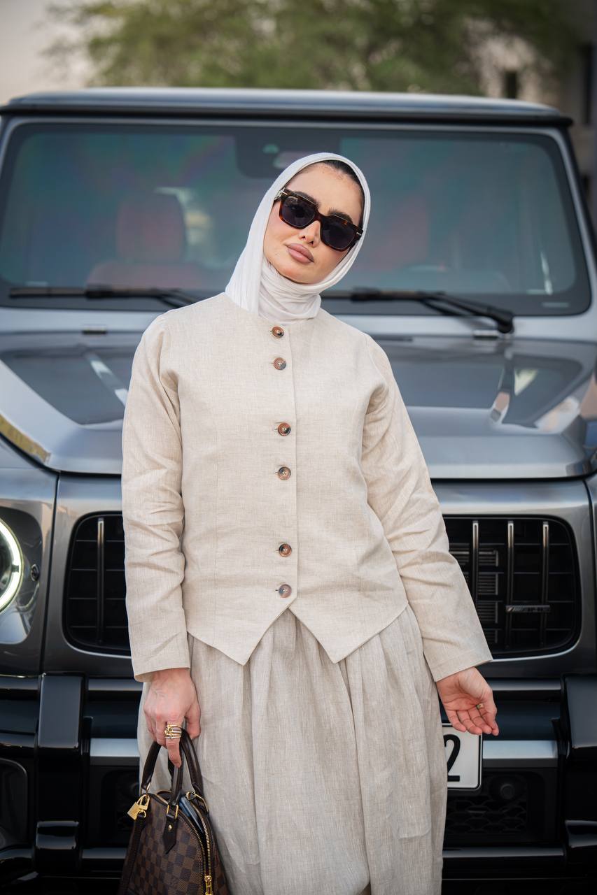 Beige Linen Dress and Vest Set C:J1015