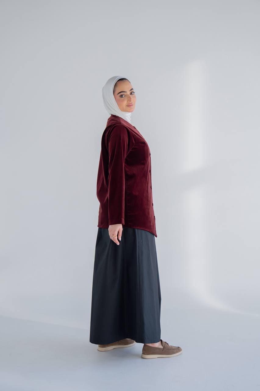 Burgundy velvet jacket set with trench coat skirt C:J1020 burgundy