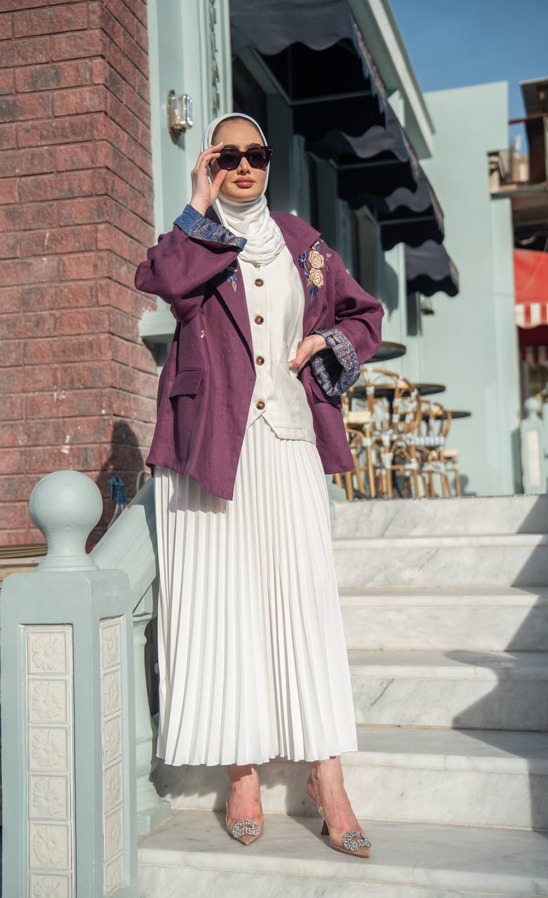 Burgundy blazer set with a white dress. C:1090