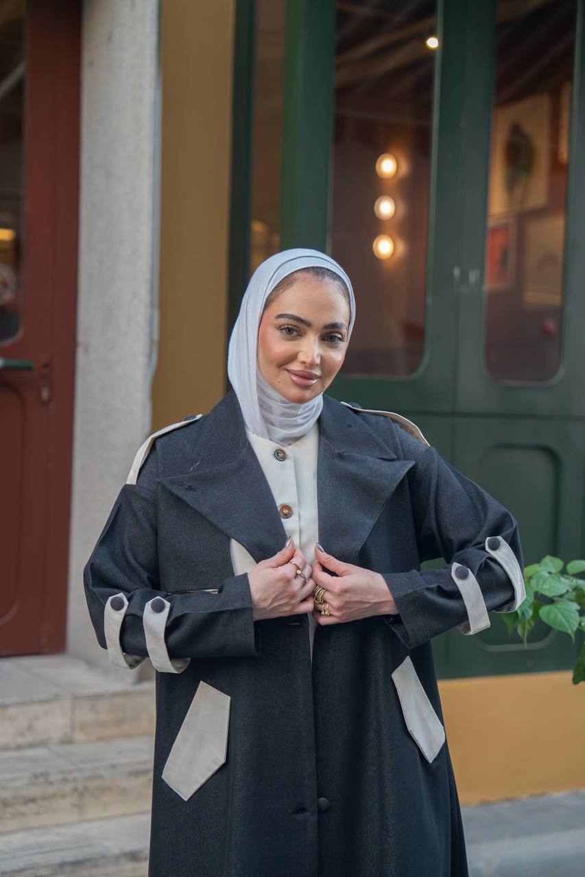 Black trench coat with beige details. C:1062 Black