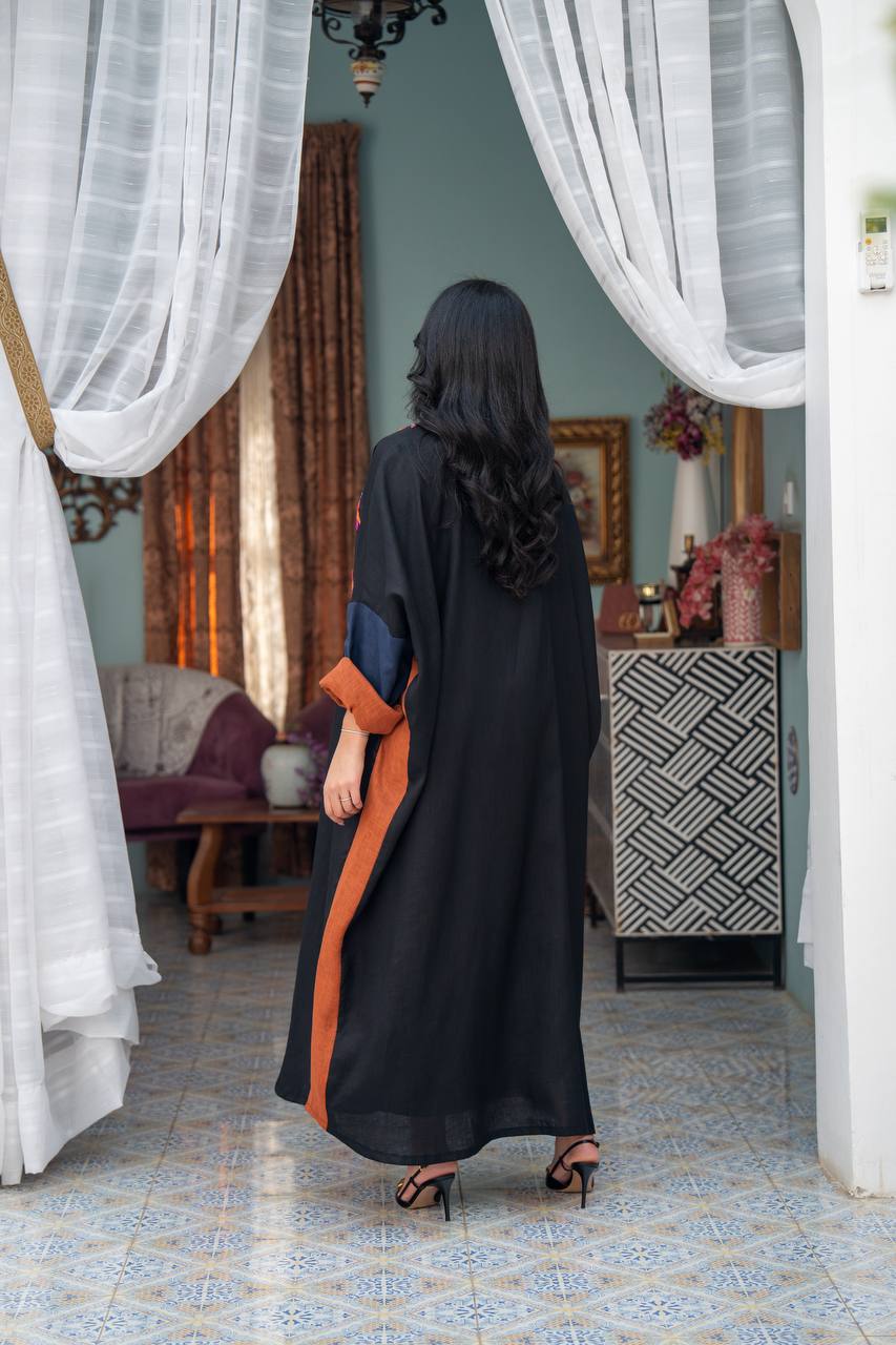 Linen abaya in black with hand embroidery. C:J1080