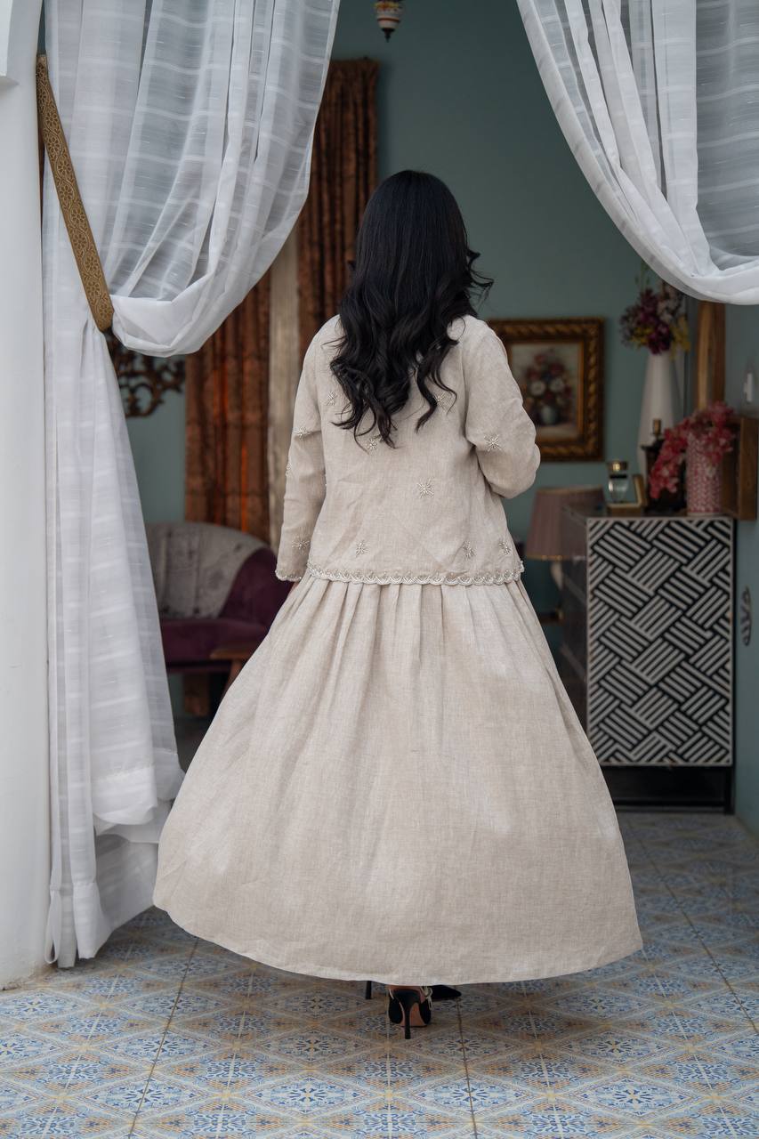 Light beige linen trench coat with hand-stitched detailing.C:J1081