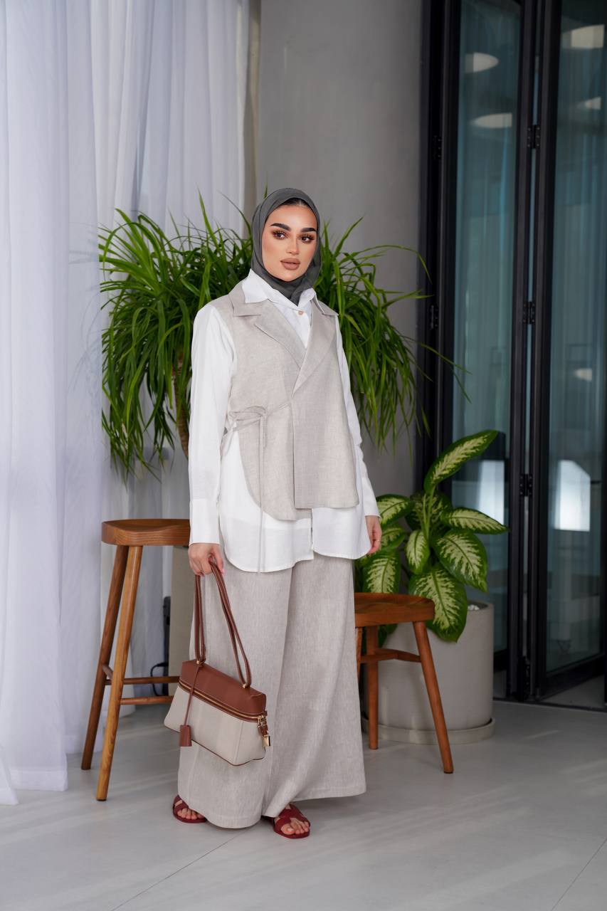 Beige linen shirt and pants set C:J1012