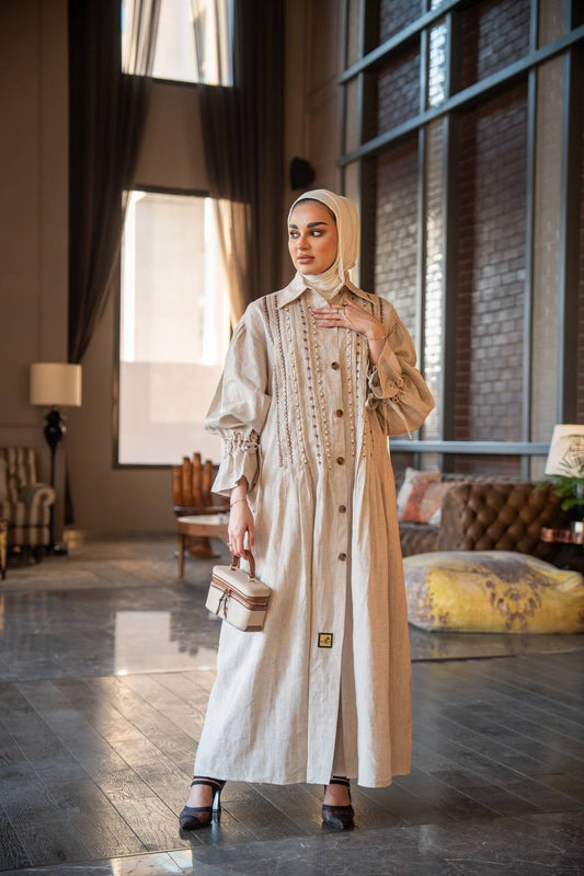 Linen abaya in beige with hand embroidery C:J1023 Beige