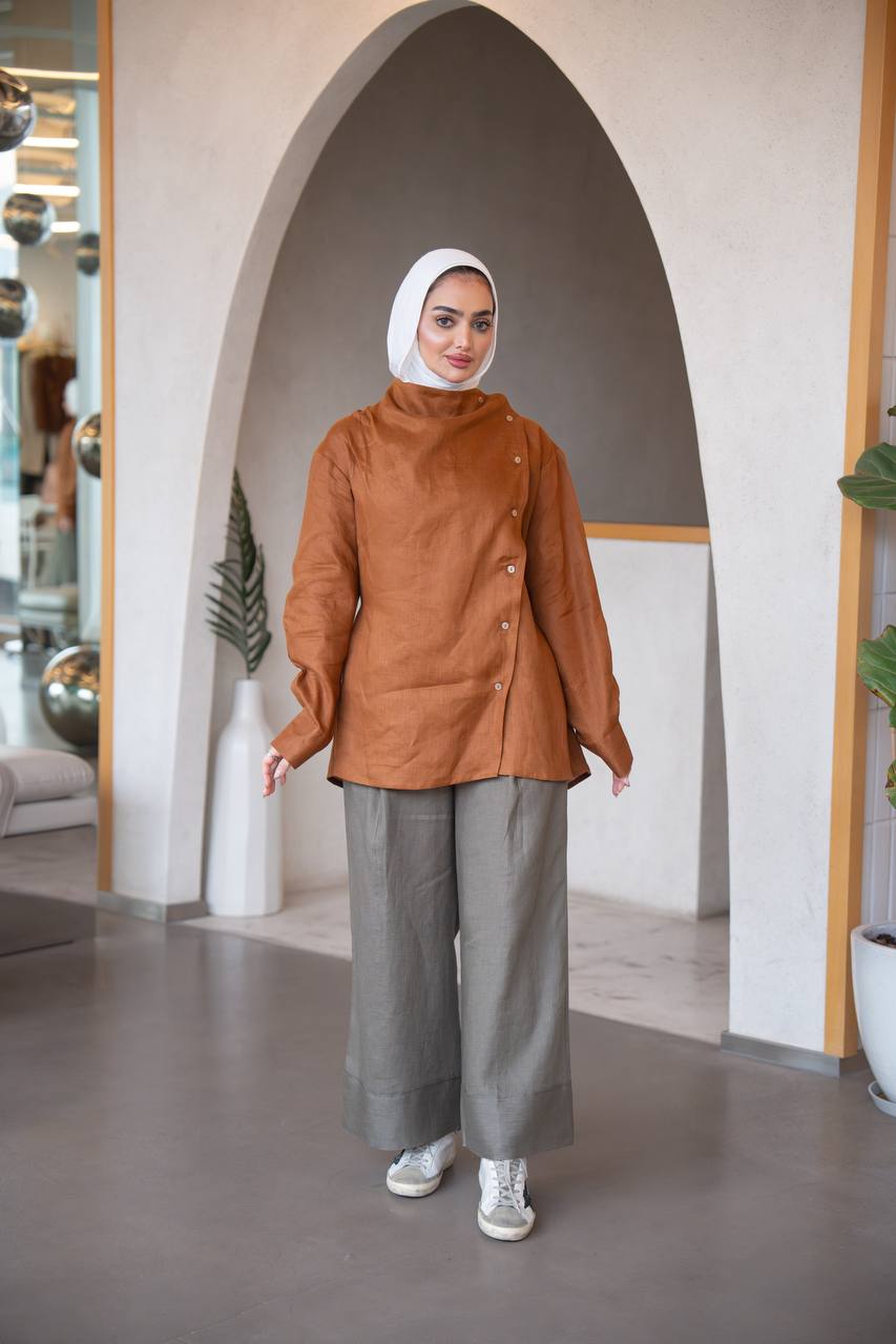 Camel shirt and Olive pants set, linen C:J1036