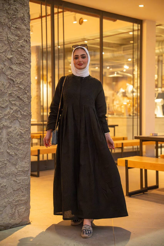فستان لينن باللون الاسود مع شك يدوي  C:J1039 Black