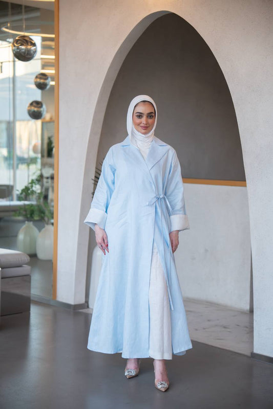بليزر باللون الازرق مع طقم داخلي بلوزة حفر و بنطلون ، بخام لينن الطبيعي C:J1037 Blue set