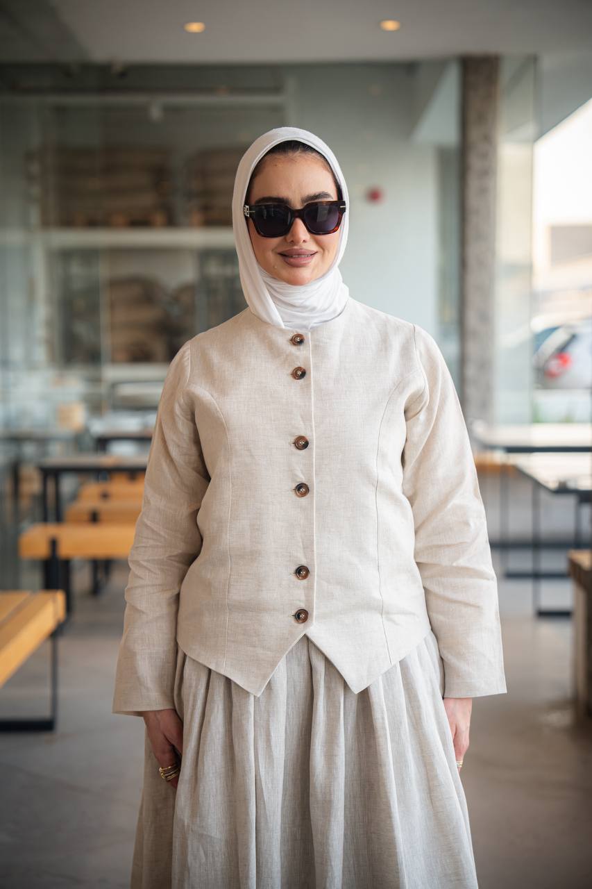 Beige Linen Dress and Vest Set C:J1015