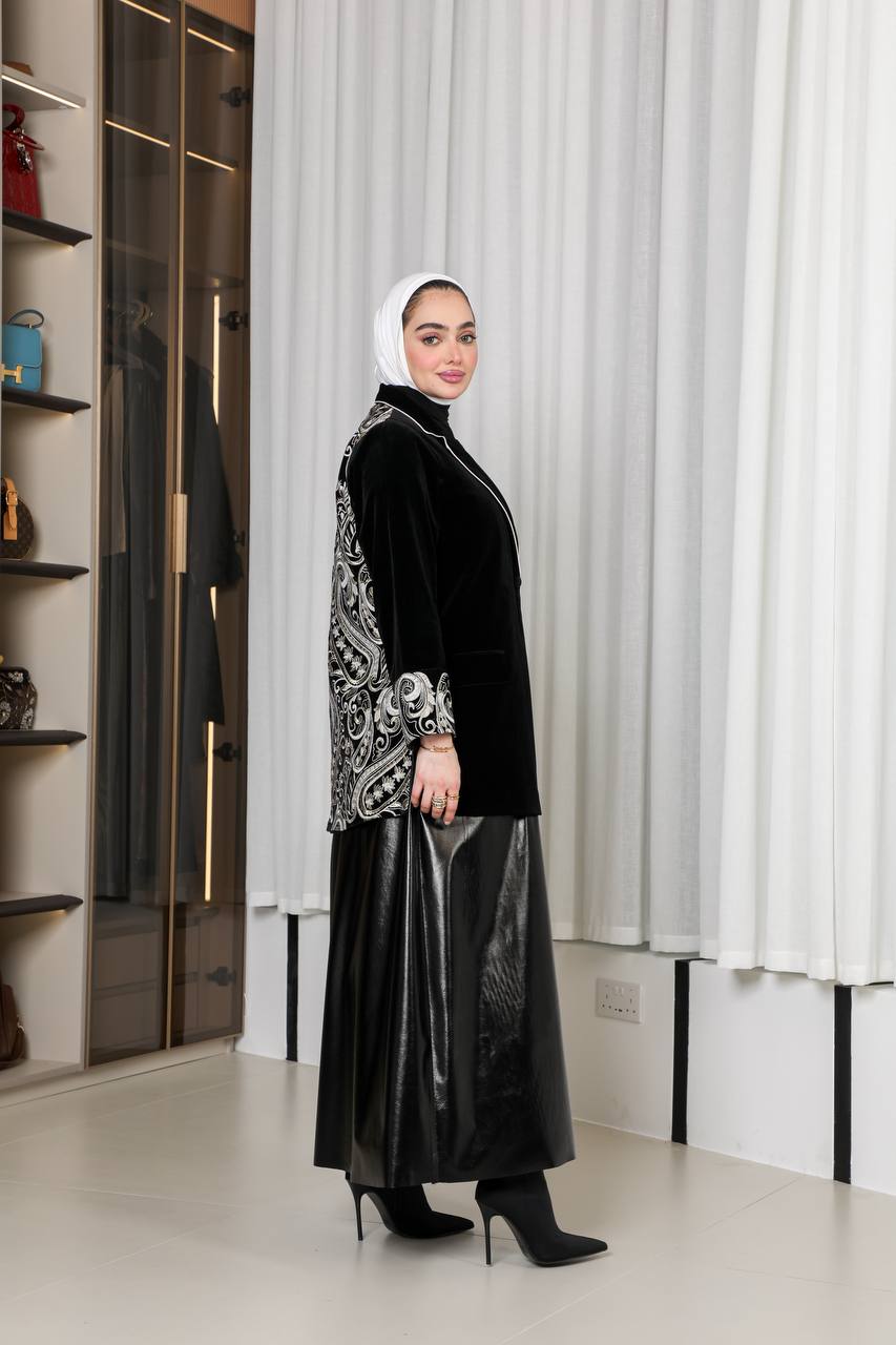 Leather skirt set with embroidered velvet jacket. C:1066