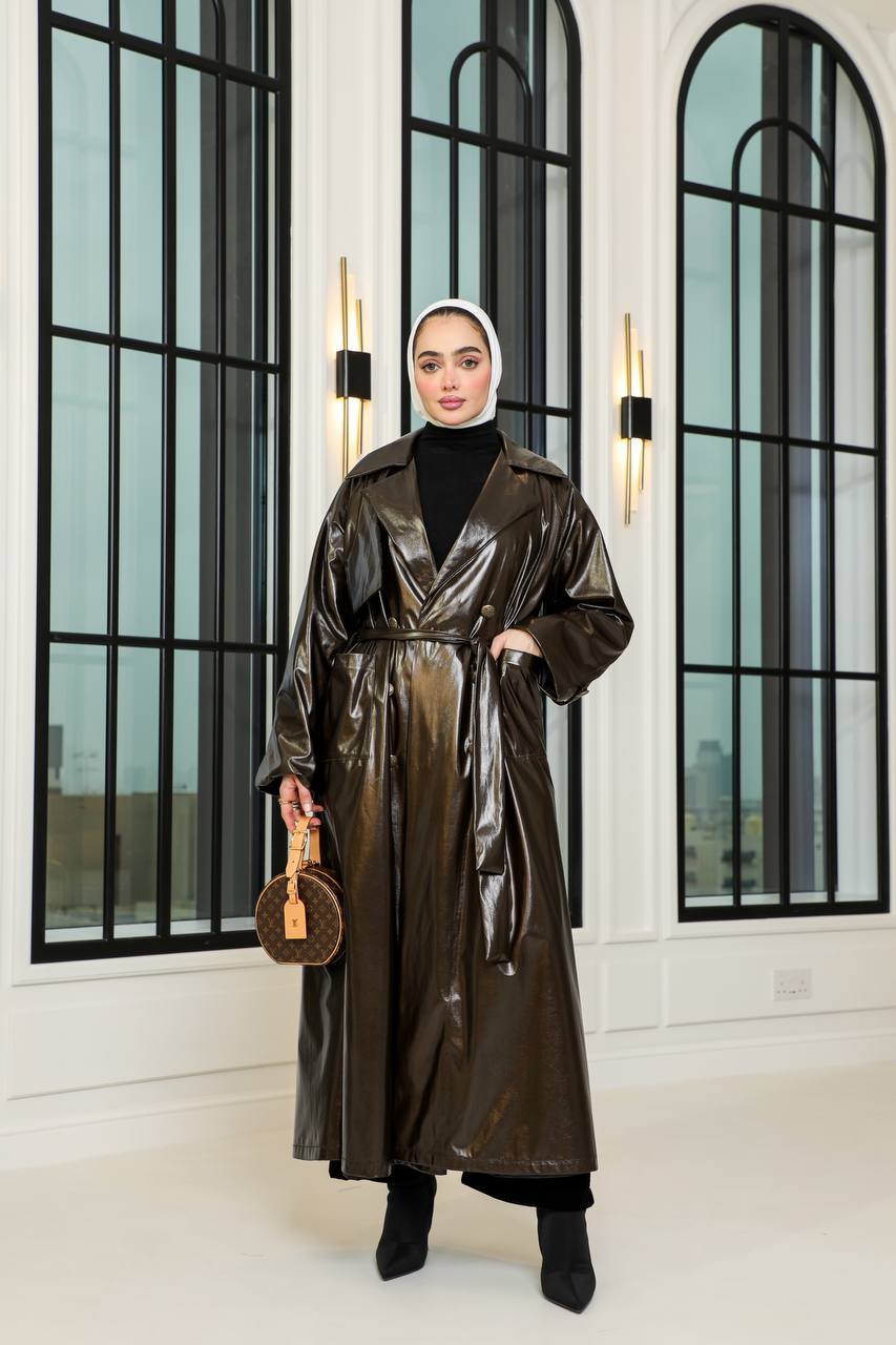 Brown leather trench coat. C:1067 Brown