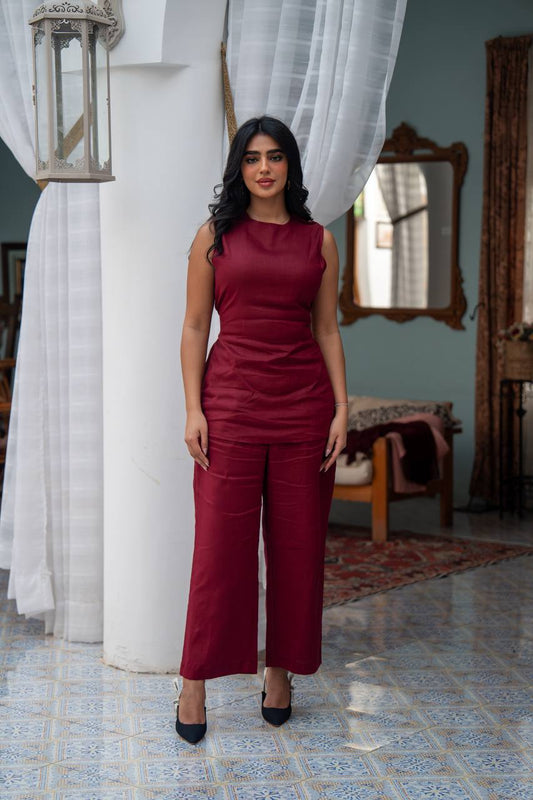 Burgundy linen blouse and trousers set. C:J102 Burgundy