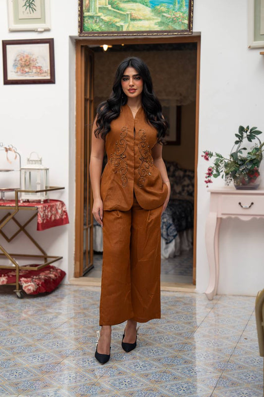 Vest and pants set in camel color with hand embroidery.C:J104