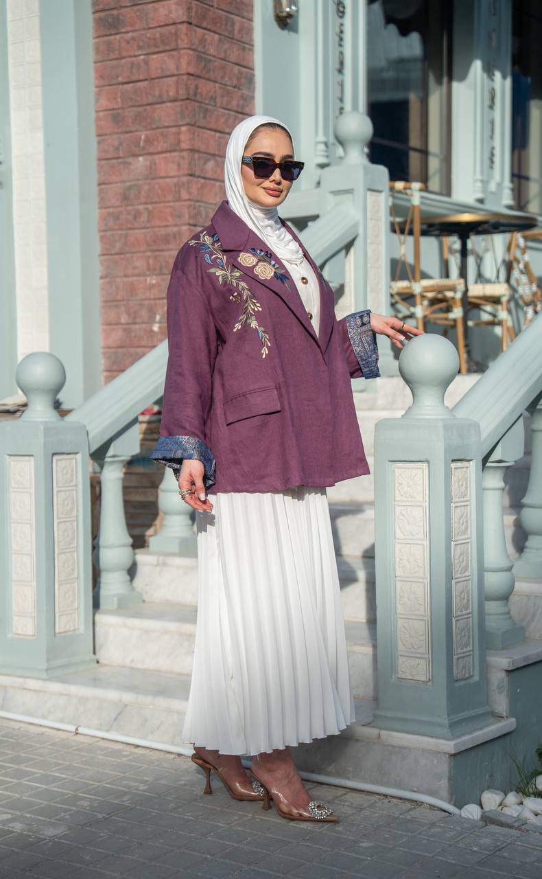 Burgundy blazer set with a white dress. C:1090