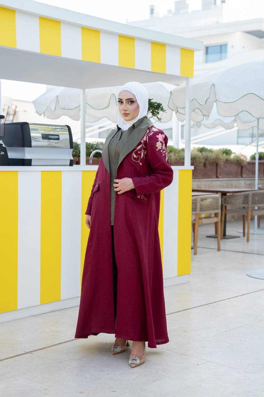 Burgundy linen blazer with embroidery.C:1093