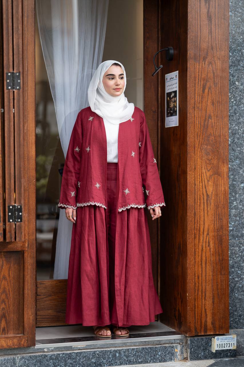 Burgundy linen trench coat, hand-stitched. C:1081