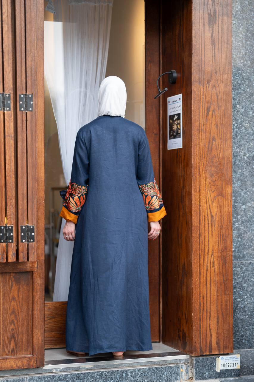 Navy linen blazer with beading and embroidery. C:1092