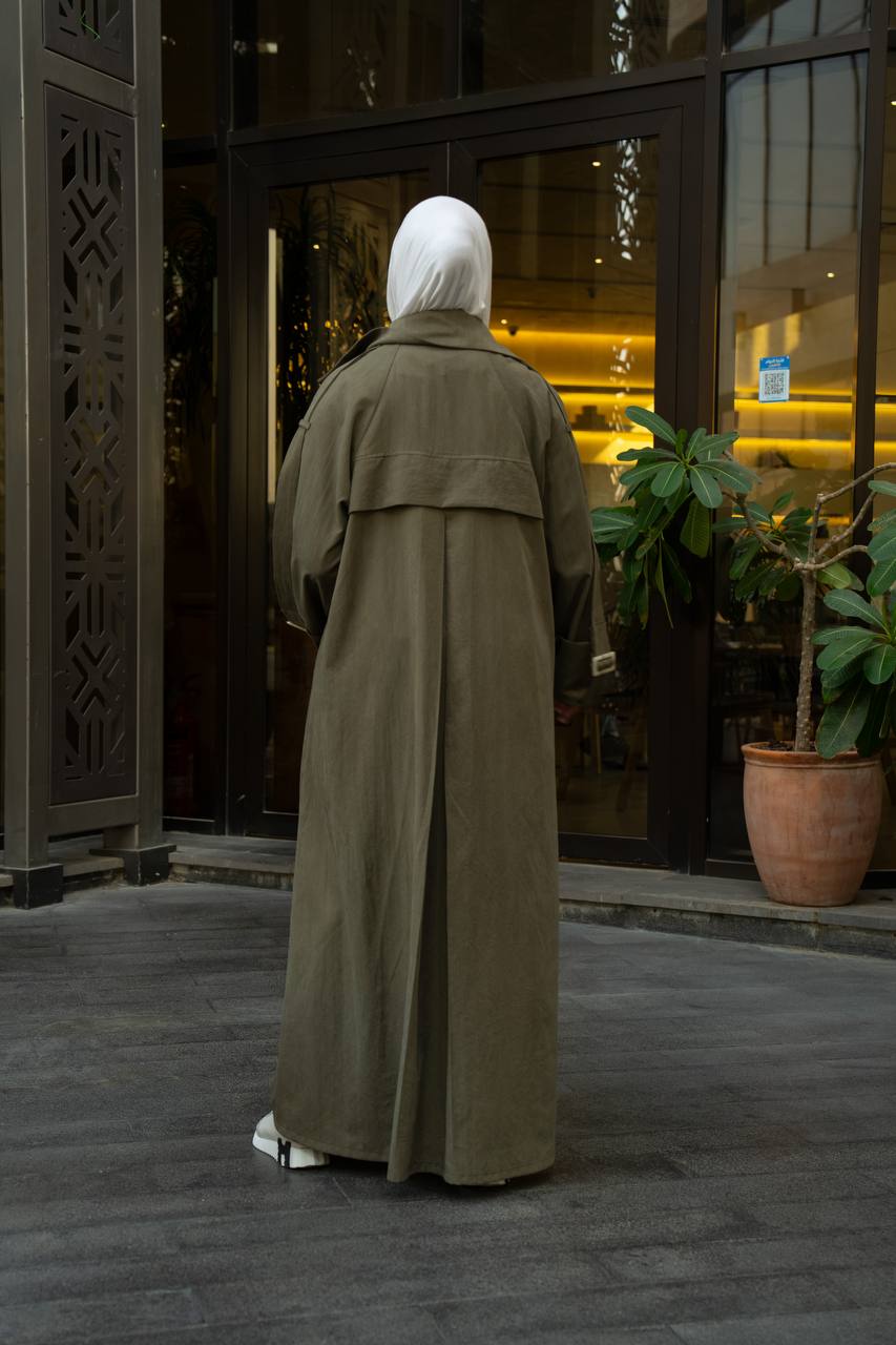 Olive green trench coat.C:1129