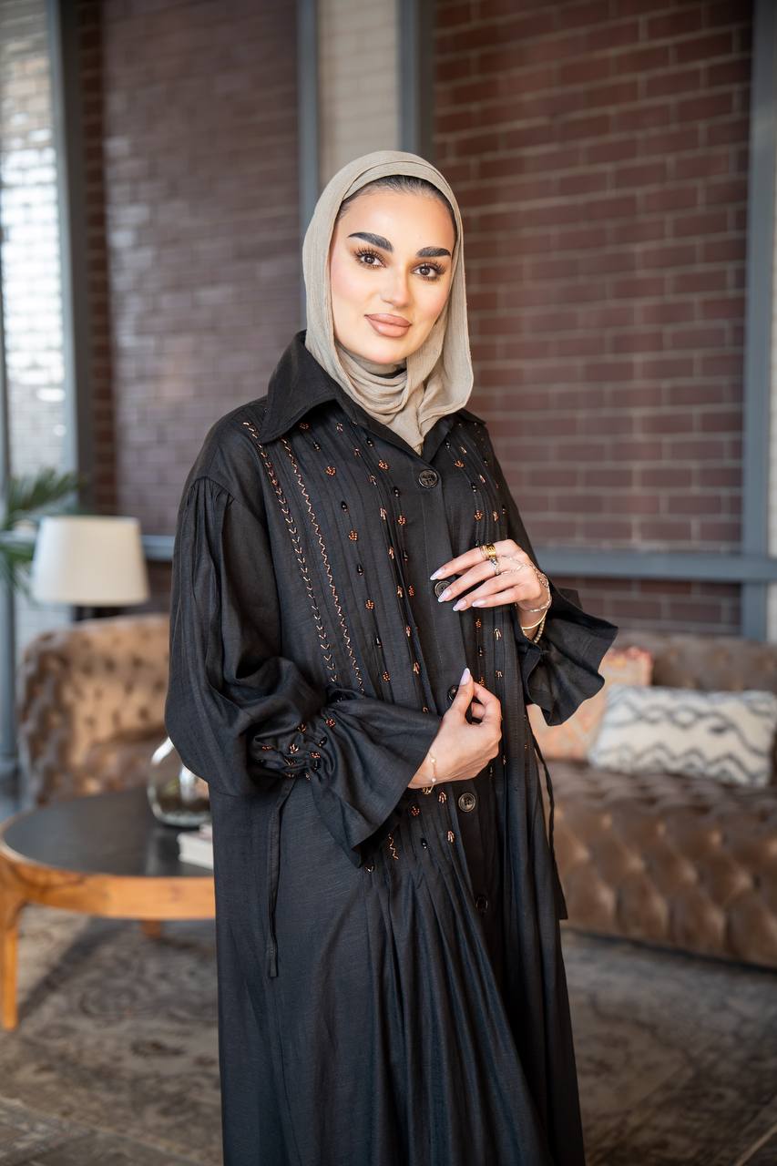 عباية لينن باللون الاسود مع شك يدوي C:J1023 Black
