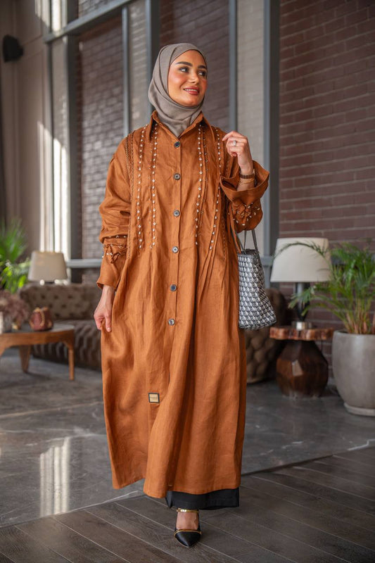 Camel linen dress with hand embroidery C:J1023 Brown