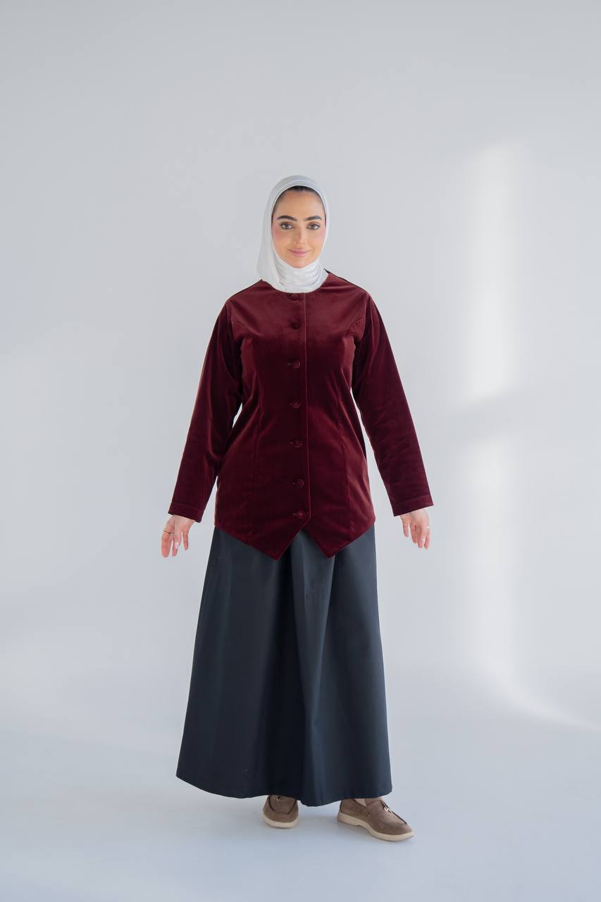 Burgundy velvet jacket set with trench coat skirt C:J1020 burgundy