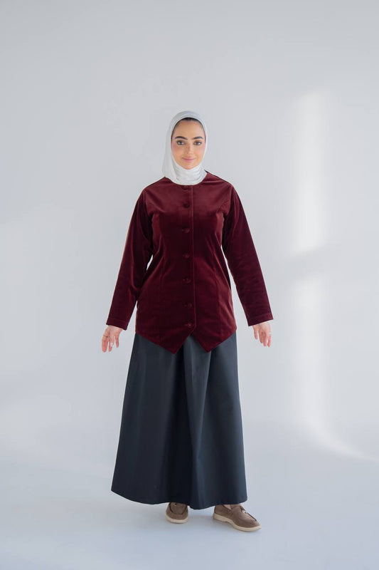 Burgundy velvet jacket set with trench coat skirt C:J1020 burgundy
