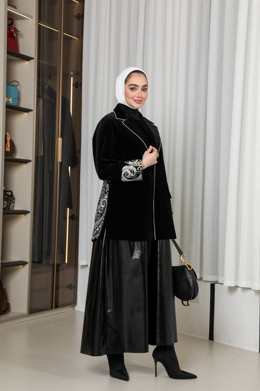 Leather skirt set with embroidered velvet jacket. C:1066