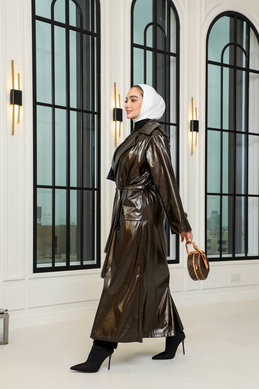 Brown leather trench coat. C:1067 Brown