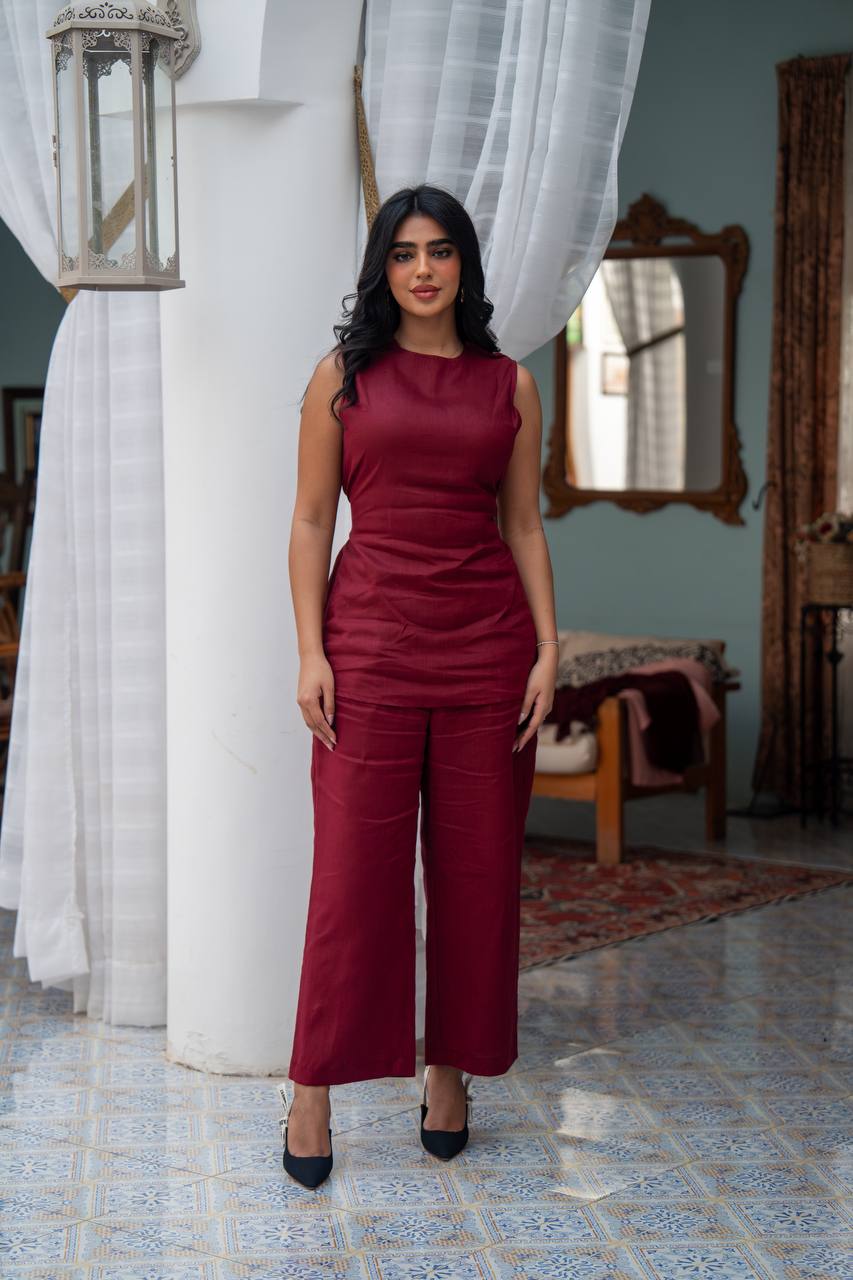 Burgundy linen blouse and trousers set. C:J102 Burgundy