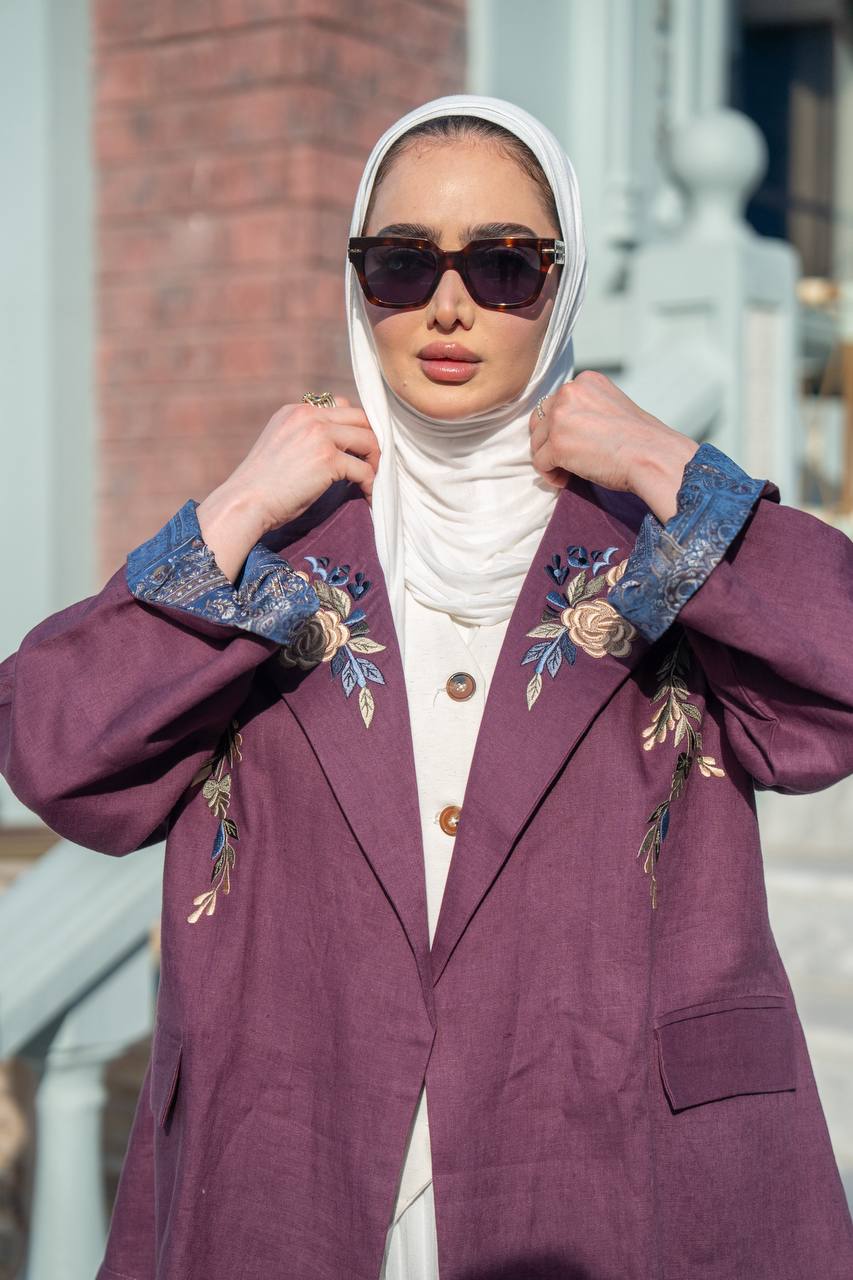 Burgundy blazer set with a white dress. C:1090