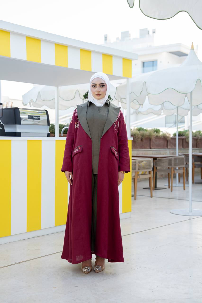 Burgundy linen blazer with embroidery.C:1093