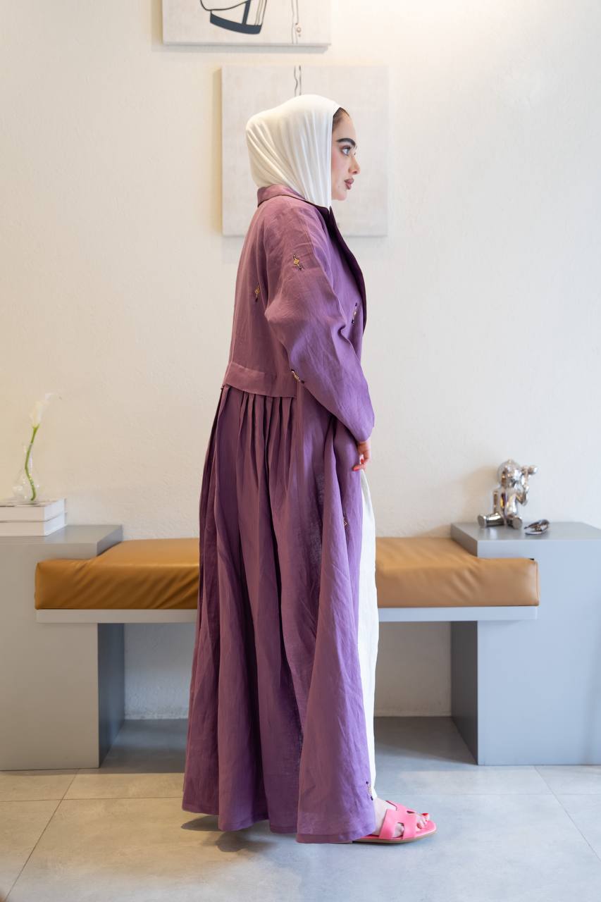 Purple linen trench coat with hand-stitched detailing.C:1096
