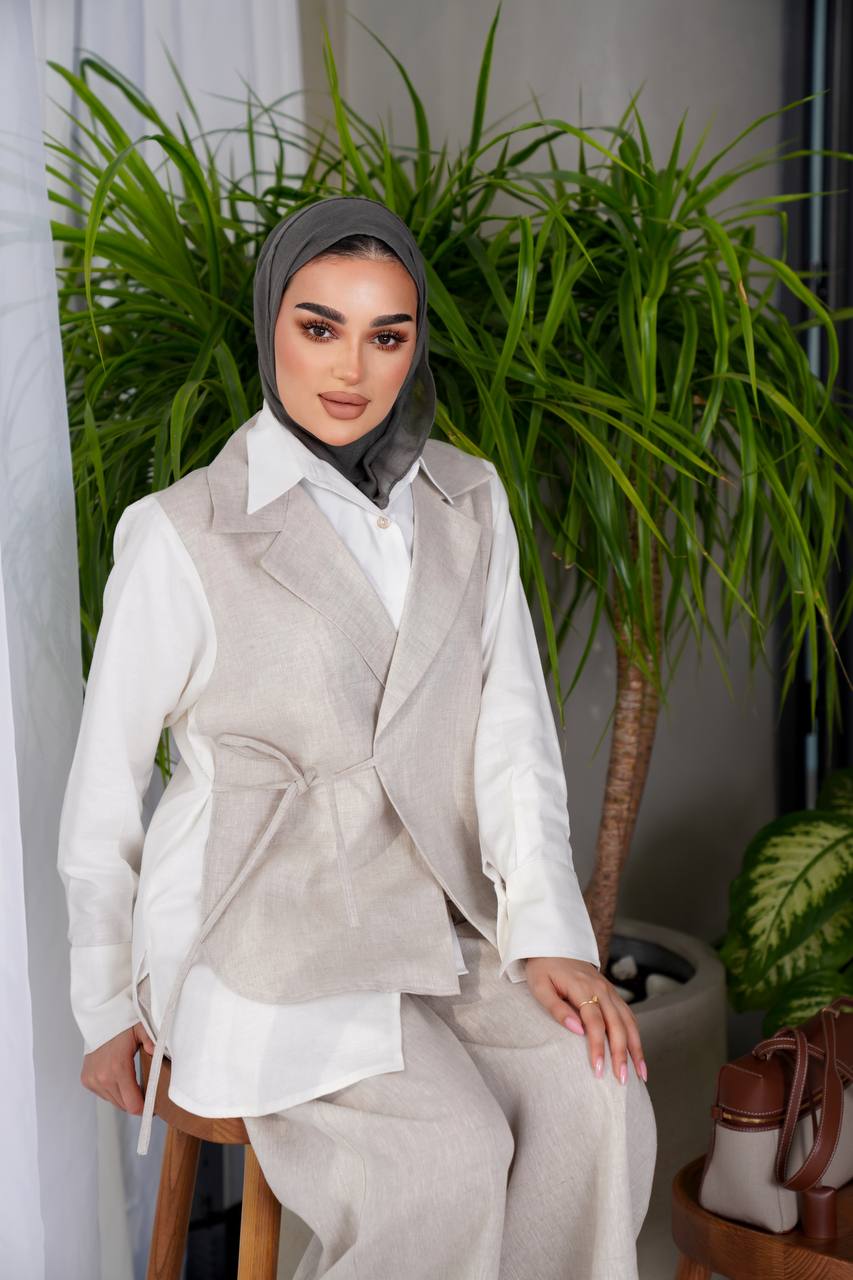 Beige linen shirt and pants set C:J1012