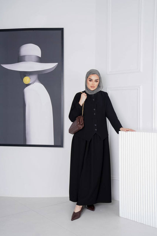 طقم فيست مع فستان بخام كريب باللون الاسود C:J1015 Black
