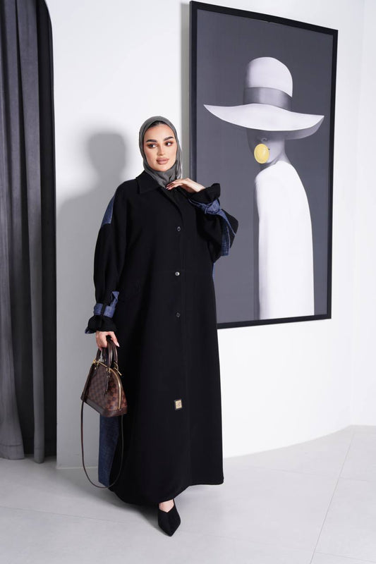 Black crepe abaya with jeans at the back  C:J1008
