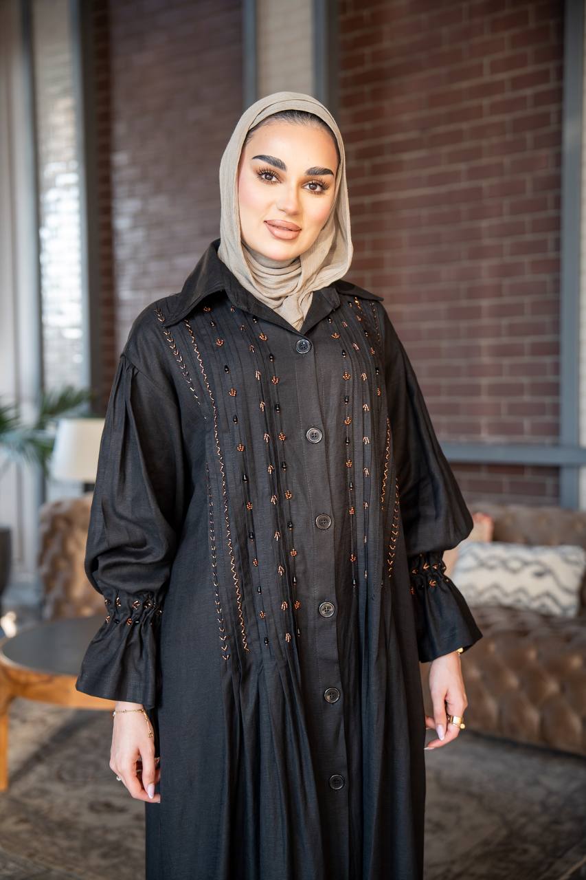 عباية لينن باللون الاسود مع شك يدوي C:J1023 Black

