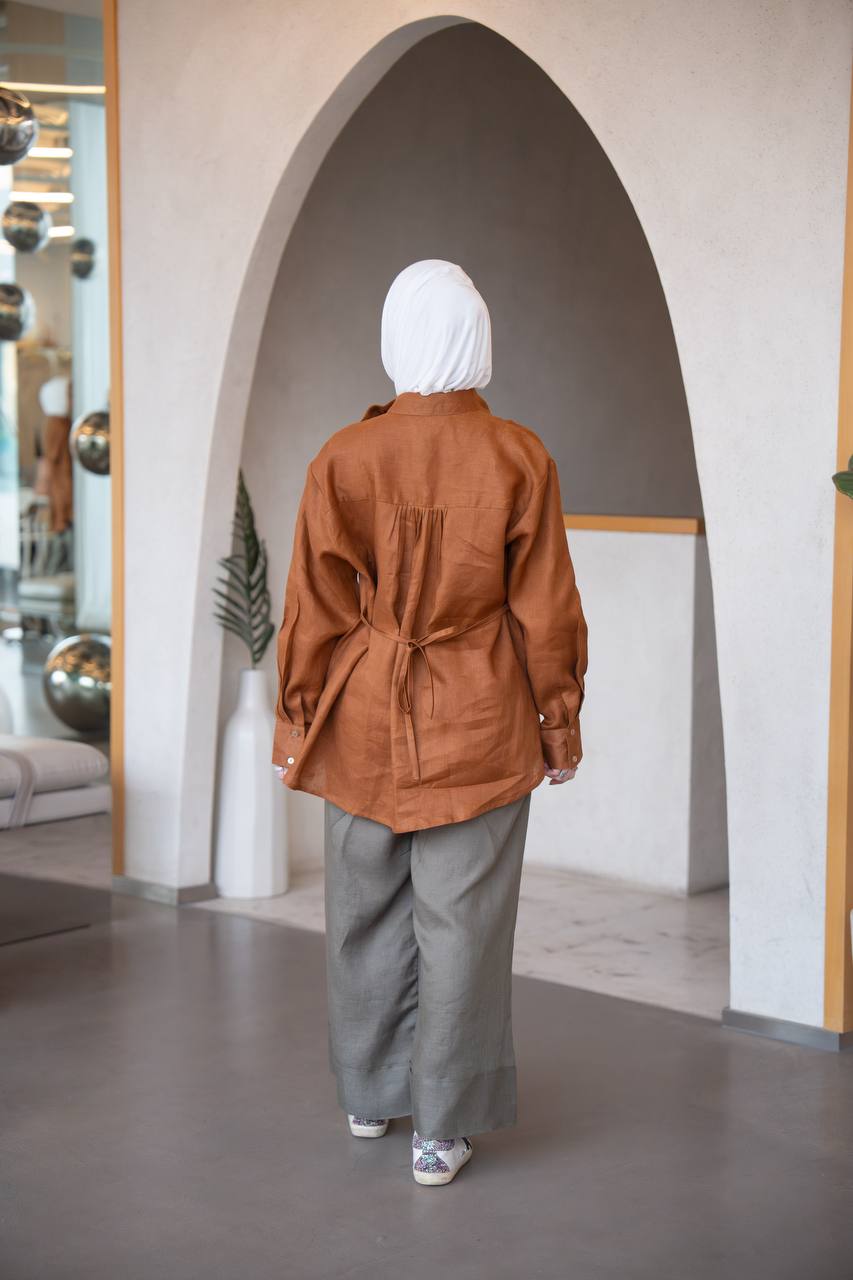 Camel shirt and Olive pants set, linen C:J1036