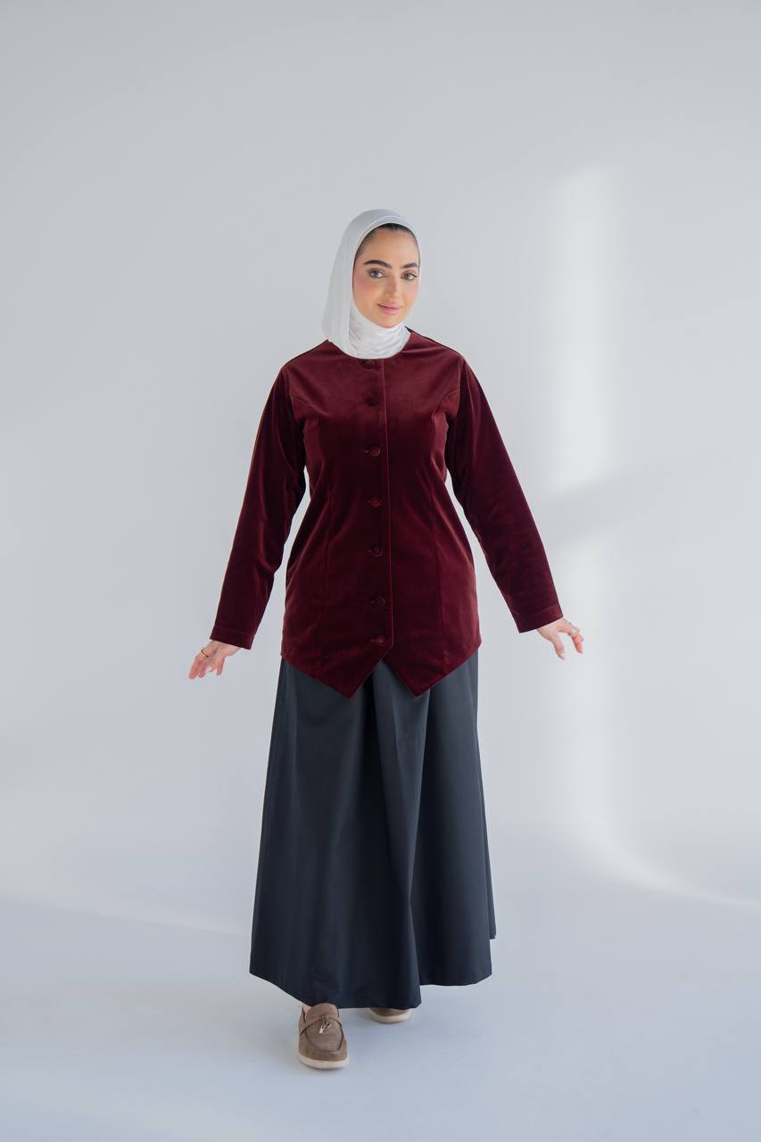 Burgundy velvet jacket set with trench coat skirt C:J1020 burgundy